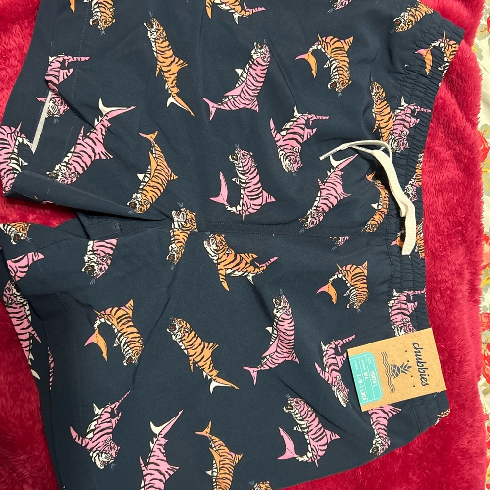 Chubbies Kids Swim Trunks with Pink and Orange Shark Pattern